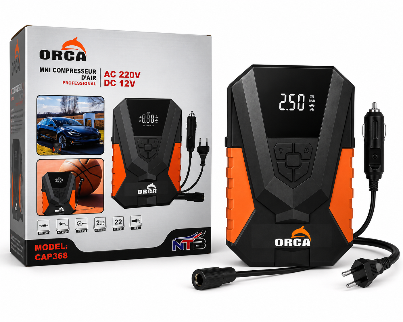 Mini Compresseur d'Air ORCA Double Alimentation 220V & 12V – Gonflage Rapide 150 PSI